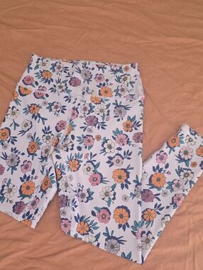 BECCA White Floral Leggings with Orange and Pink Flowers